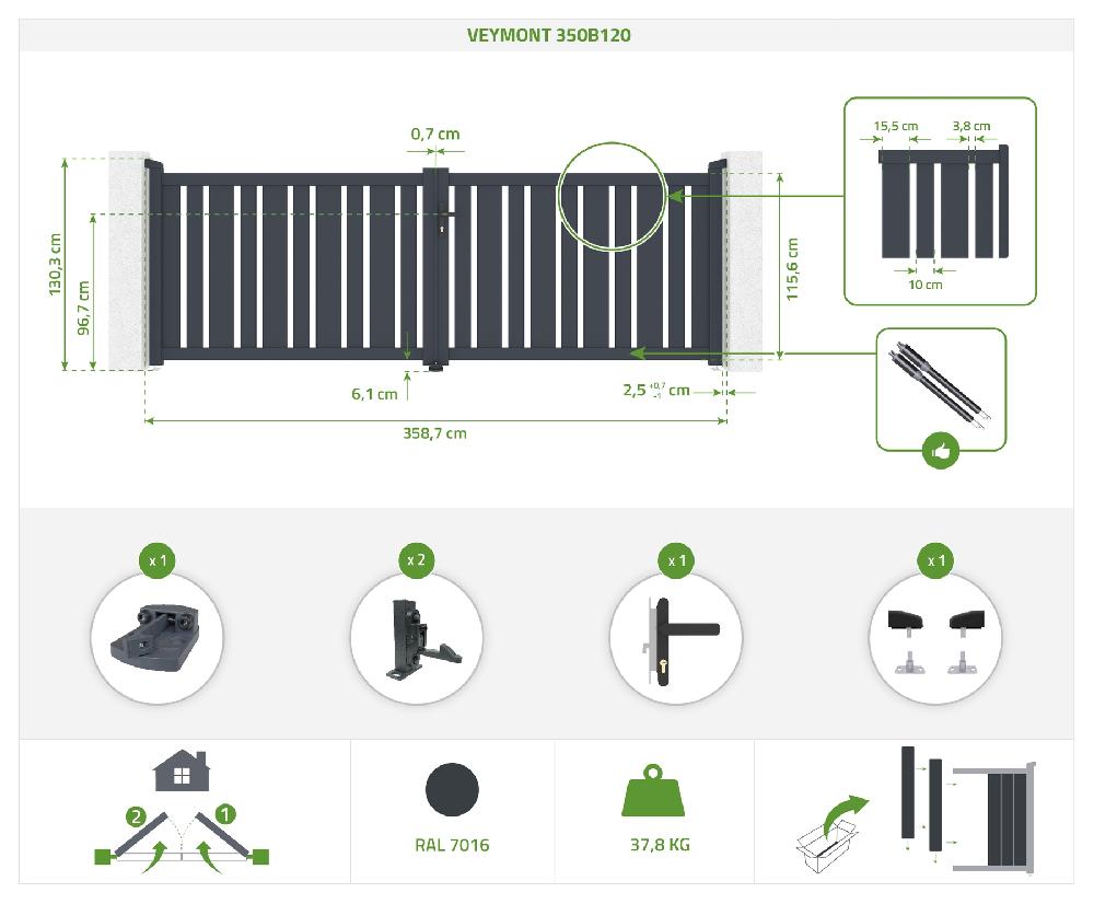 Portón Eléctrico Batiente 3 5x1 2m VEYMONT + Motorización TANker B250
