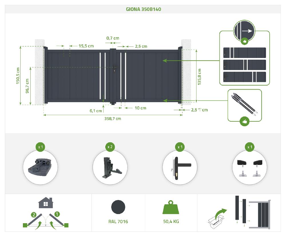 Portón Eléctrico Batiente 3 5x1 4m GIONA + BUNKER B500 Motorización