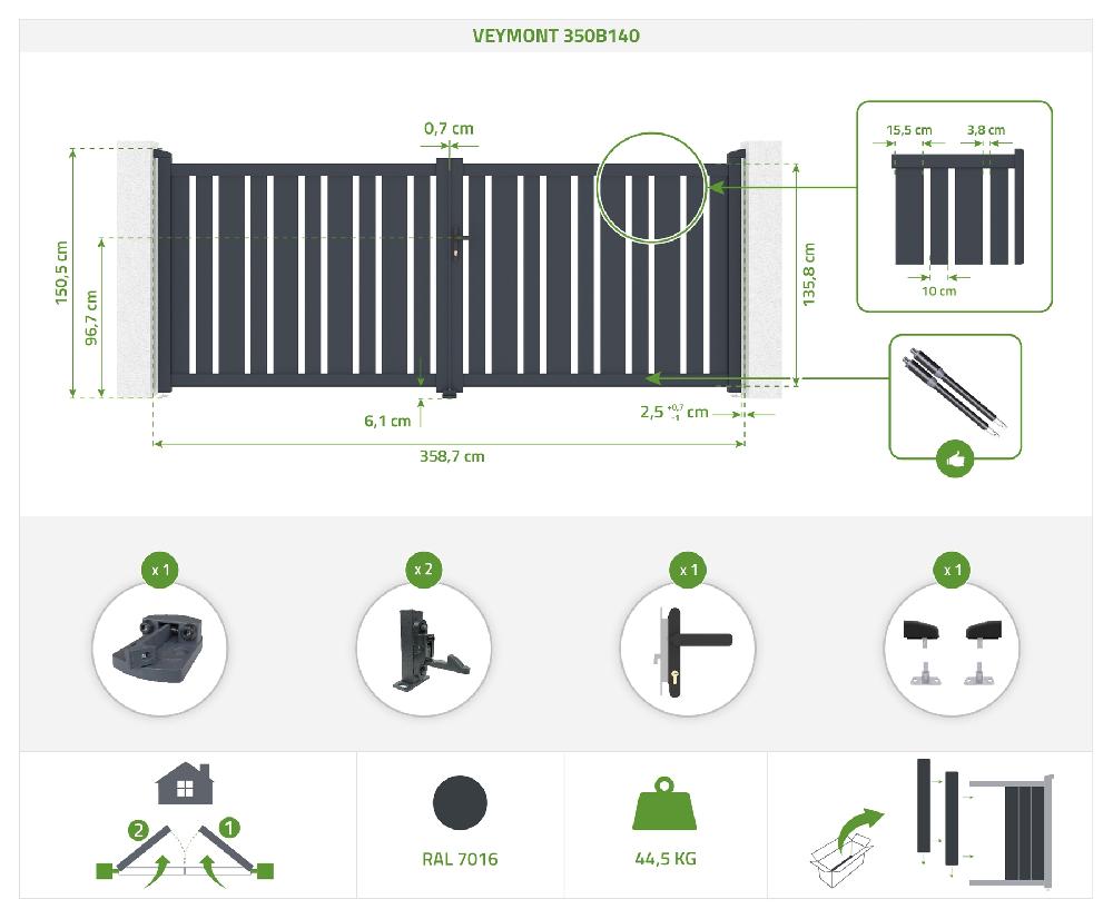 Portón Eléctrico Batiente 3 5x1 4m VEYMONT + Motorización TANker B250