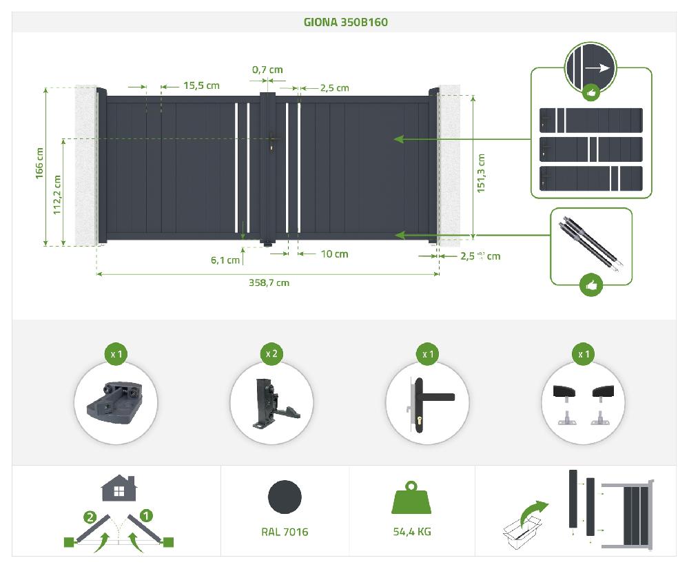 Portón Eléctrico Batiente 3 5x1 6m GIONA + BUNKER B500 Motorización
