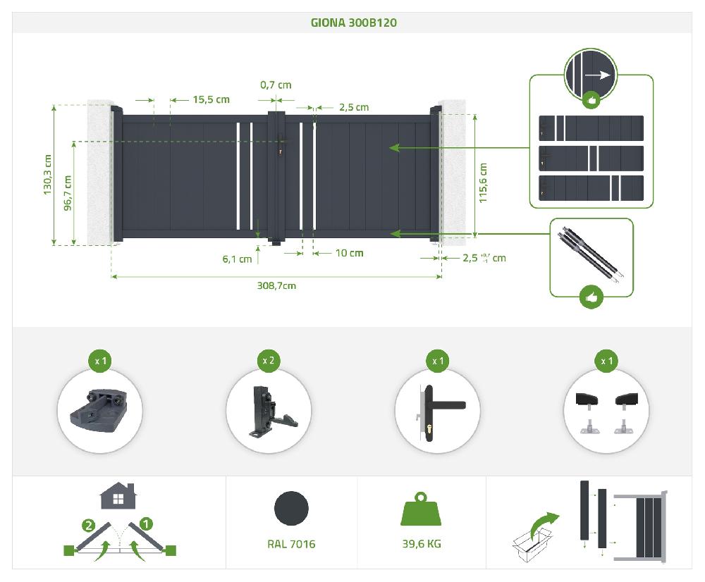 Portón Eléctrico Batiente 3x1 2m GIONA + Motorización HICKER B200