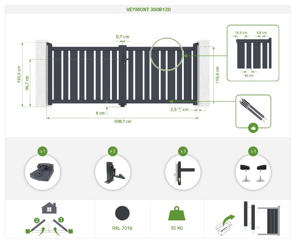 Portón Eléctrico Batiente 3x1 2m VEYMONT + Motorización TANKER B700