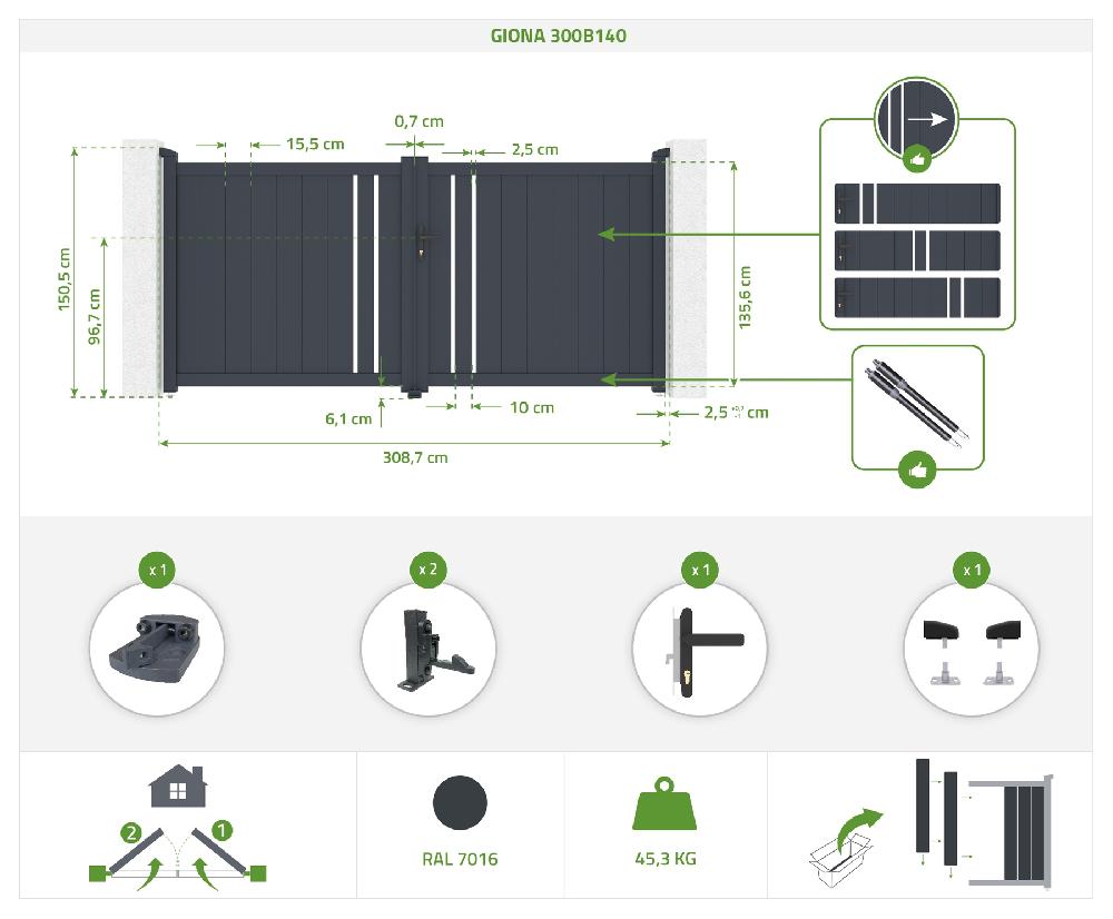 Portón Eléctrico Batiente 3x1 4m GIONA + RANGER B150 Motorización