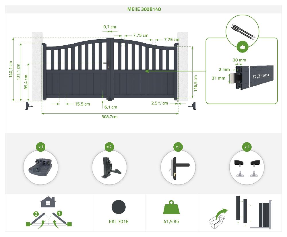 Portón Eléctrico Batiente 3x1 4m MEIJE + RANGER B150 Motorización