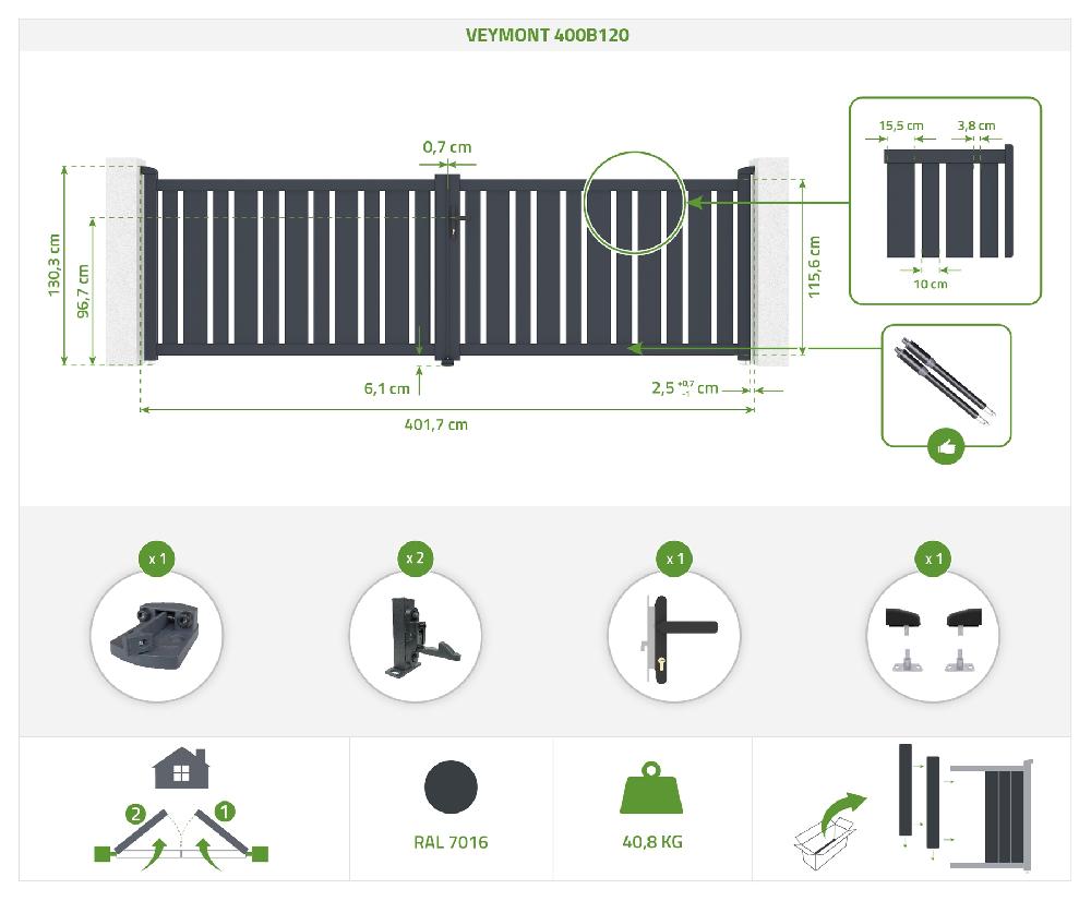 Portón Eléctrico Batiente 4x1 2m VEYMONT + Motorización HICKER B200