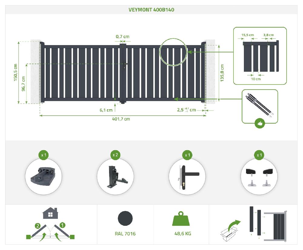 Portón Eléctrico Batiente 4x1 4m VEYMONT + Motorización TANKER B250