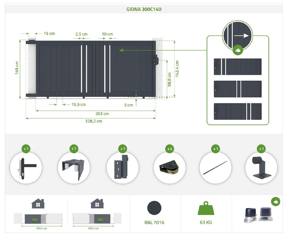 Portón Eléctrico Corredero 3x1 4m GIONA + Motorización RANGER C300