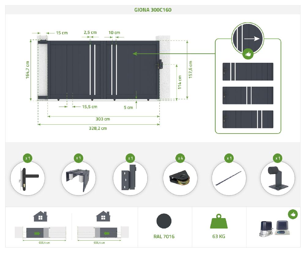 Portón Eléctrico Corredero 3x1 6m GIONA + Motorización RANGER C300