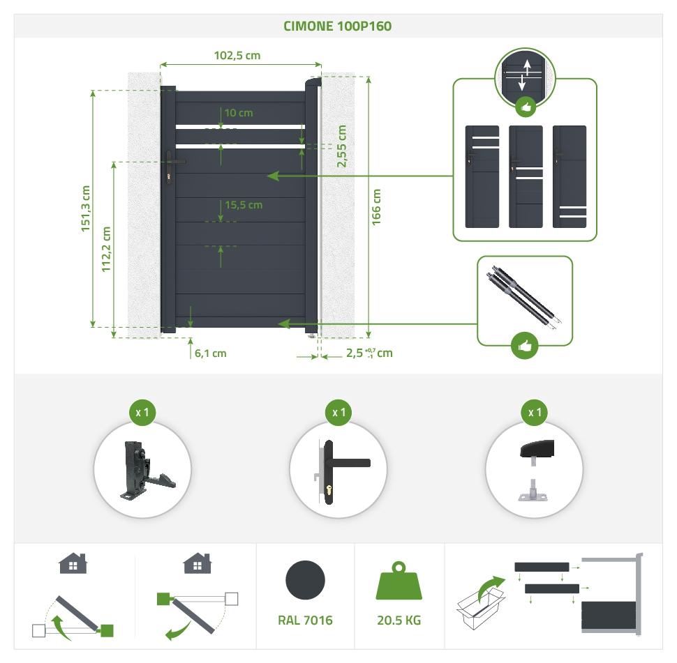 Puerta 1m CIMONE H.1 6m Gris + 2 Postes EIFEL H.190cm Gris