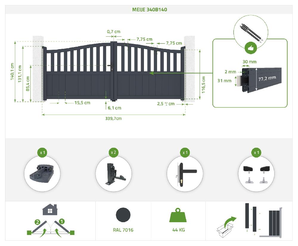 Puerta Abatible 3 4x1 4m MEIJE + 2 Postes EIFEL Al.166cm Gris