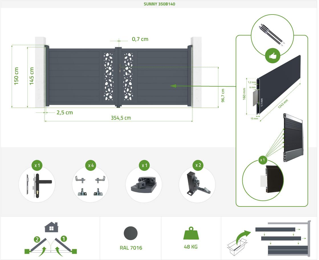 Puerta Abatible 3 5m SUNNY H.140cm Aluminio Gris + 2 Postes 20x20cm H.166cm