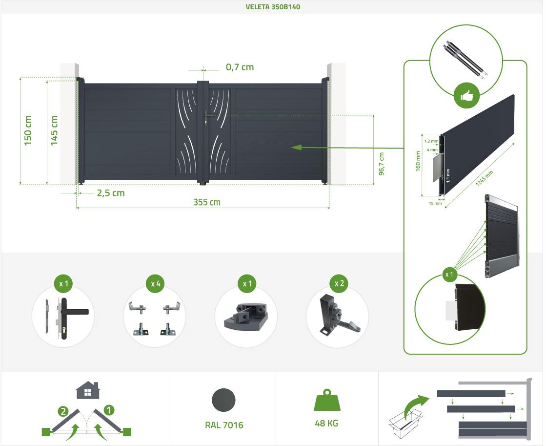 Puerta Abatible 3 5m VELETA Al.140cm Aluminio Gris + 2 Postes 20x20cm Al.166cm