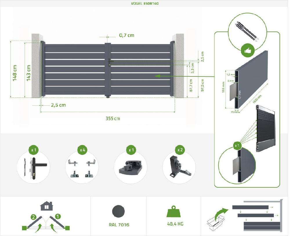 Puerta Abatible 3 5m VOGEL H.140cm Aluminio Gris + 2 Postes 20x20cm H.166cm