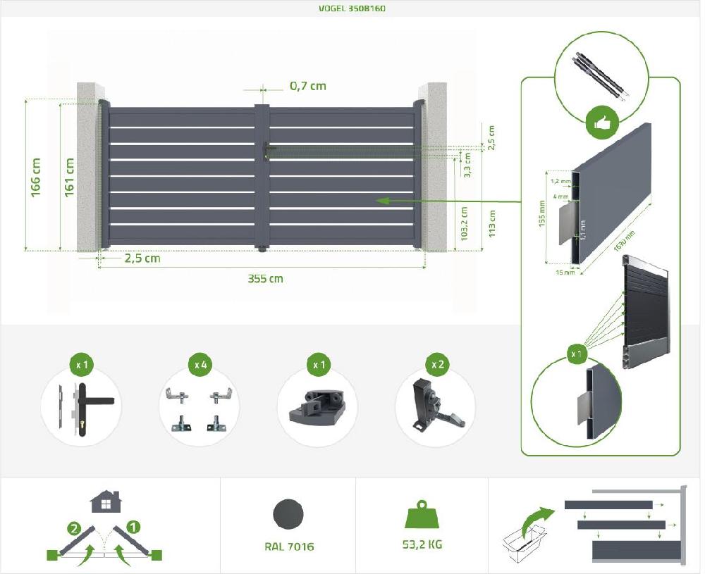 Puerta Abatible 3 5m VOGEL H.160cm Aluminio Gris + 2 Postes 20x20cm H.190cm