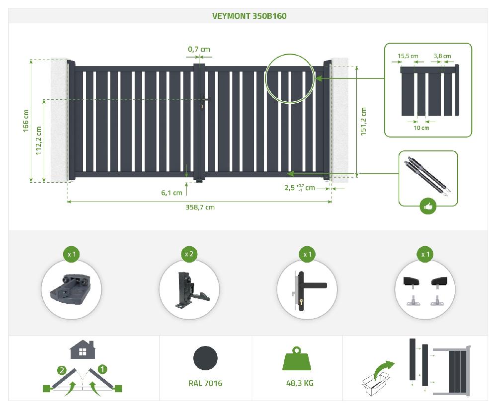 Puerta Abatible 3 5x1 6m VEYMONT + 2 Postes EIFEL Al.190cm Gris