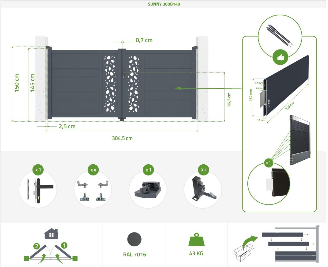 Puerta Abatible 3m SUNNY H.140cm Aluminio Gris + 2 Postes 20x20cm H.166cm