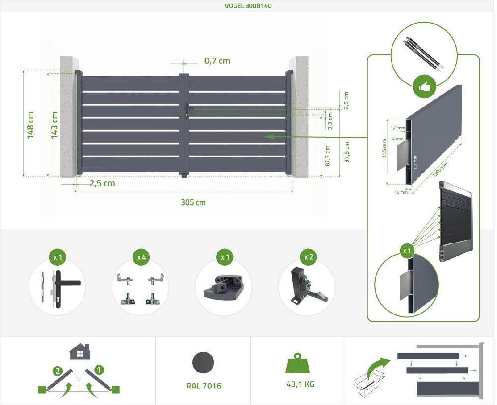 Puerta Abatible 3m VOGEL Al.140cm Aluminio Gris + 2 Postes 20x20cm Al.166cm