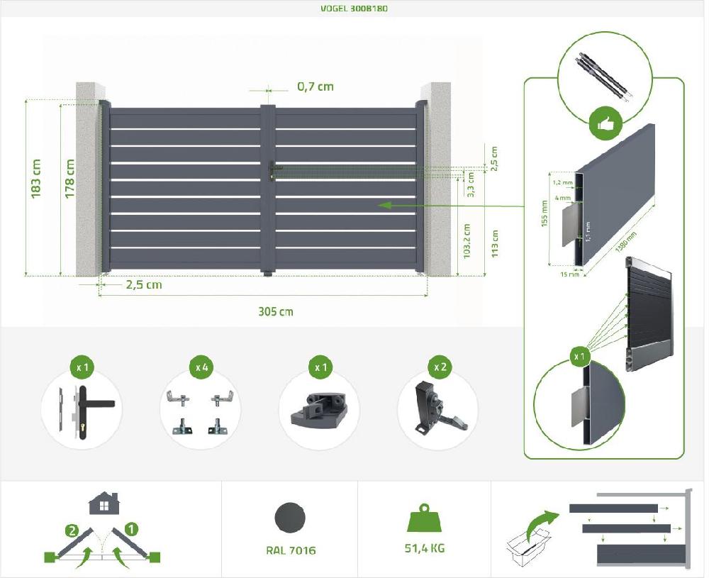 Puerta Abatible 3m VOGEL Al.180cm Aluminio Gris + 2 Postes 20x20cm Al.190cm