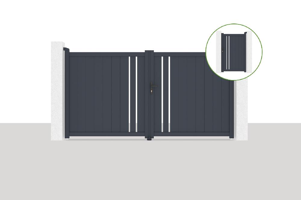 Puerta abatible 3x1 6m GIONA + Puerta GIONA H.1 6m gris