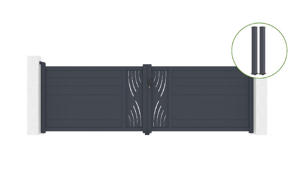 Puerta Abatible 4m VELETA H.120cm Aluminio + 2 Postes EIFEL 15x15cm H.166cm GRIS