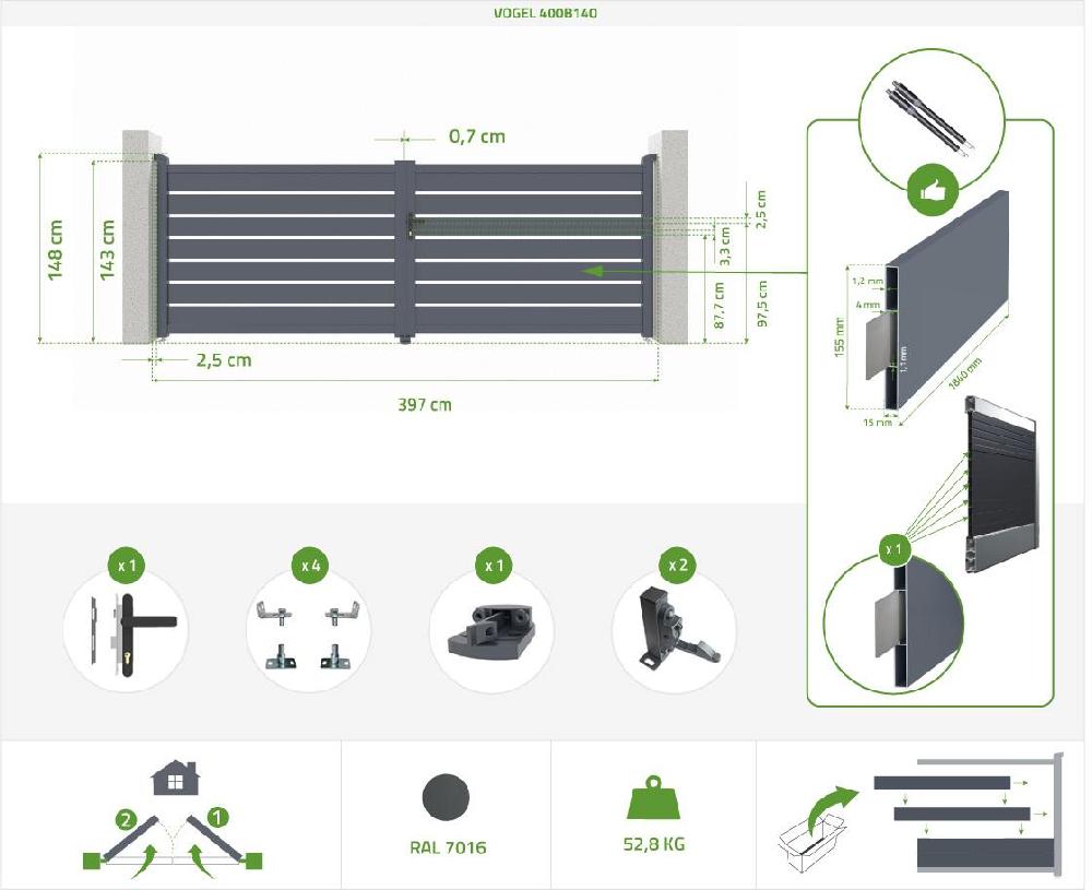 Puerta Abatible 4m VOGEL Al.140cm Aluminio Gris + 2 Postes 20x20cm Al.166cm