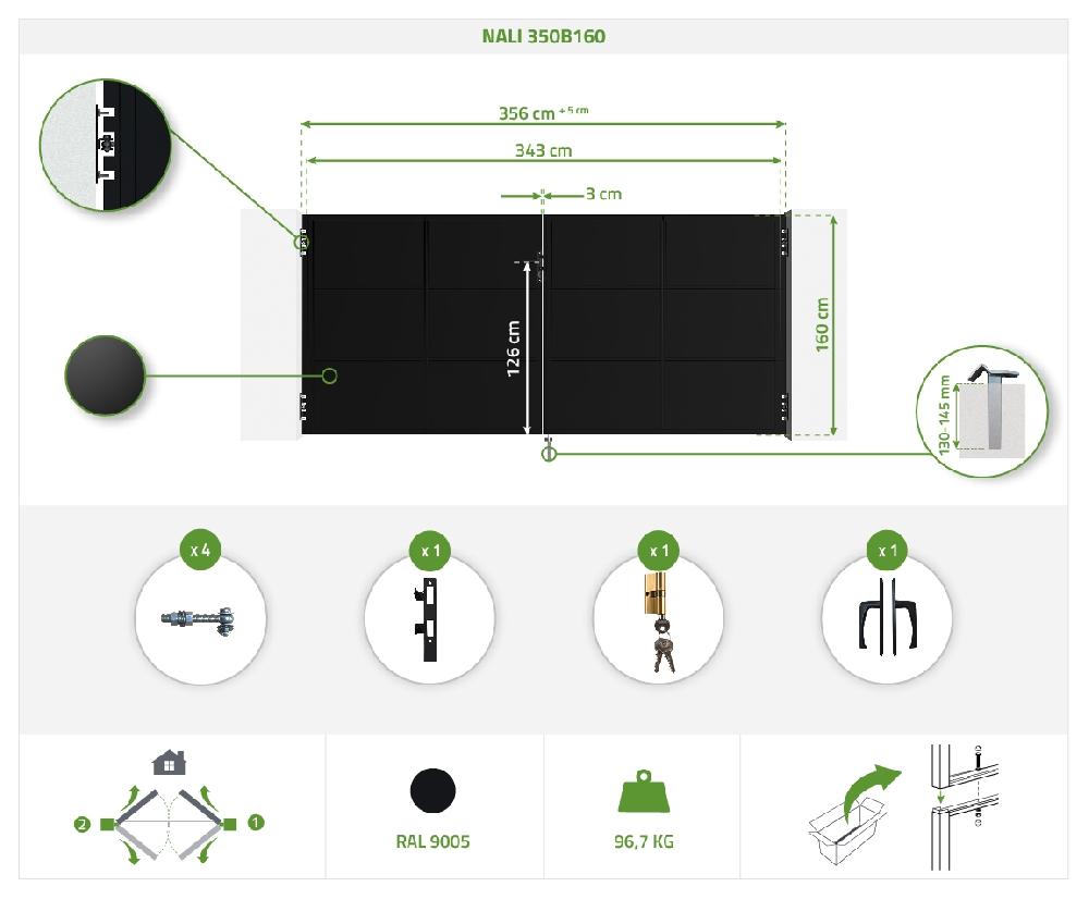 Puerta Abatible De Acero NALI 3 5m Alt.160cm Negro Mate