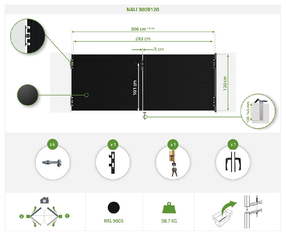 Puerta Abatible De Acero NALI 3m Alt.120cm Negro Mate
