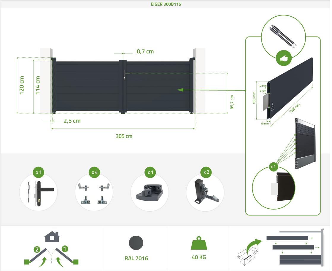 Puerta Batiente Automática Gris EIGER 300B115 + Motor HICKER B200