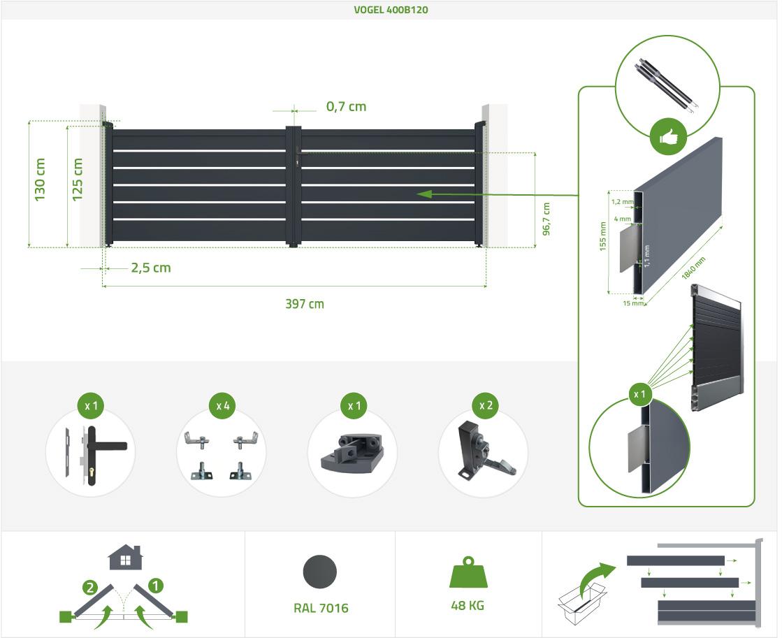 Puerta Batiente Automática Gris VOGEL 400B120 + Motor HICKER B200