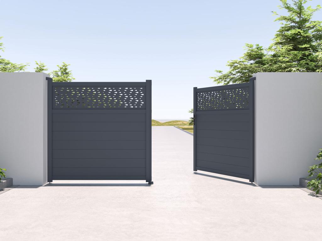 Puerta Batiente De Aluminio Semi Sólida Con Patrones L355 X H181 Cm Antracita - BAZIO