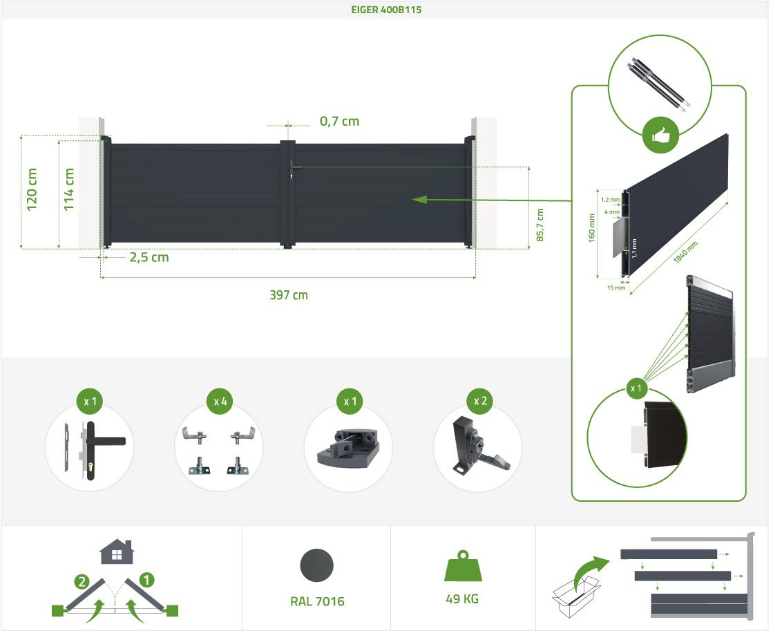 Puerta Batiente De Aluminio Soldado 4m EIGER 400B115 GRIS