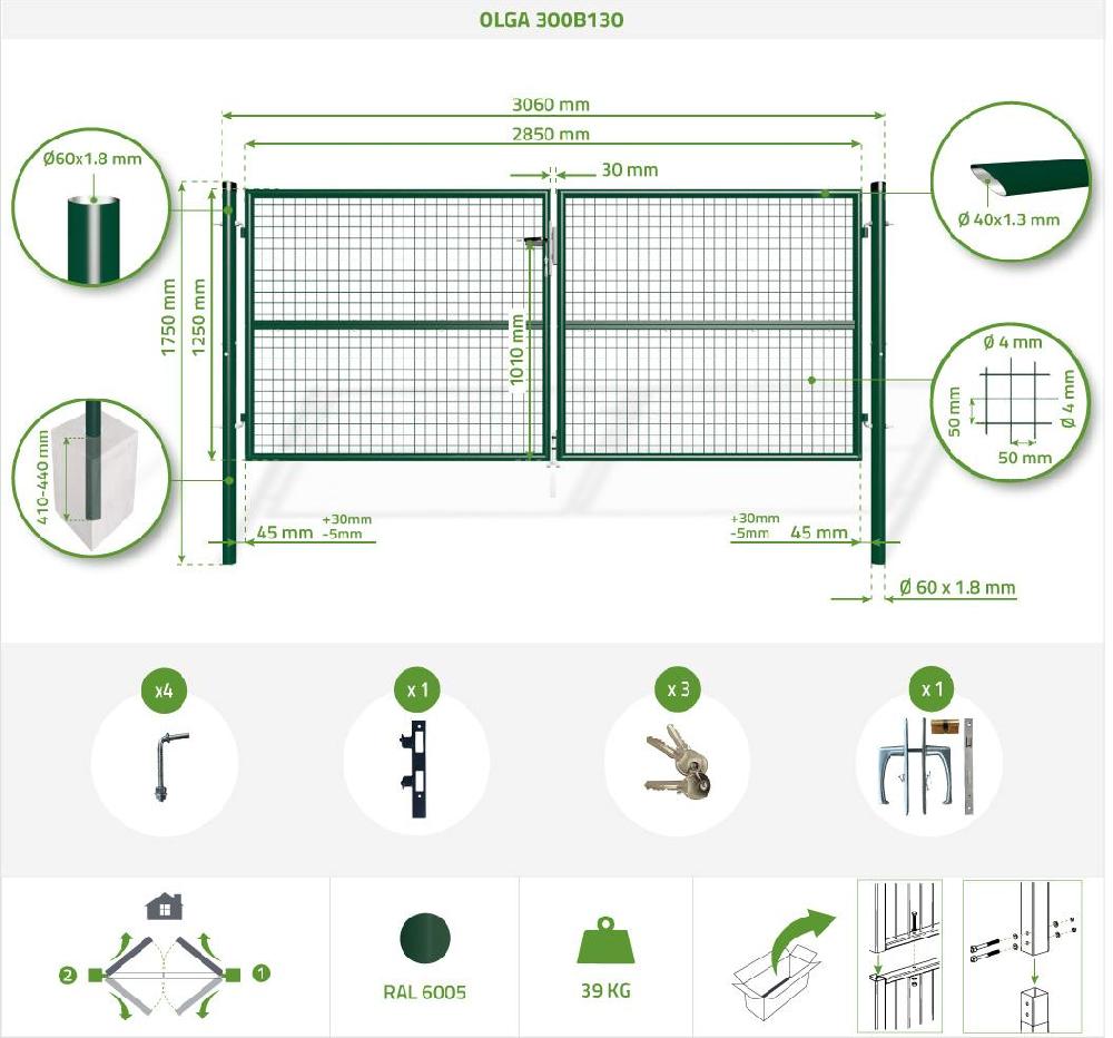 Puerta Batiente De Malla Metálica 3m OLGA 300B130 Verde