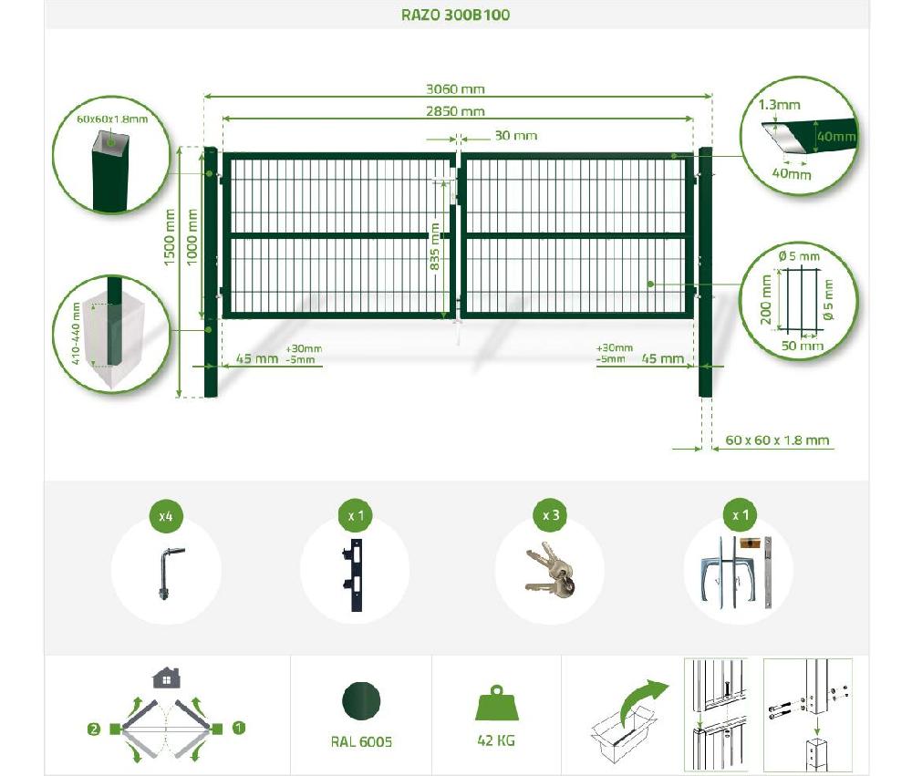 Puerta Batiente De Malla Metálica 3m RAZO 300B100 Verde