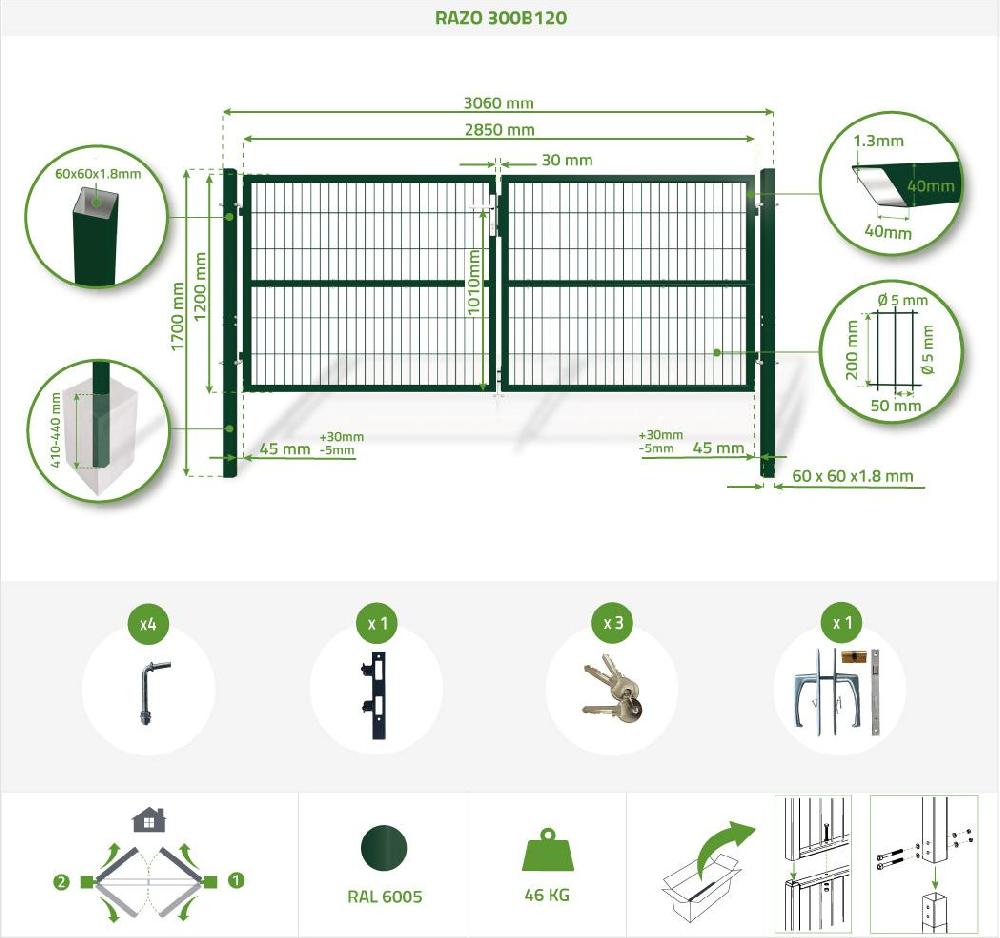 Puerta Batiente De Malla Metálica 3m RAZO 300B120 Verde