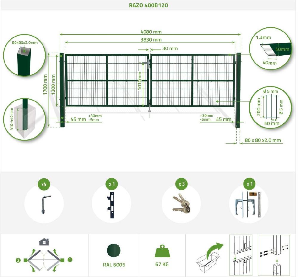 Puerta Batiente De Malla Metálica 4m RAZO 400B120 Verde