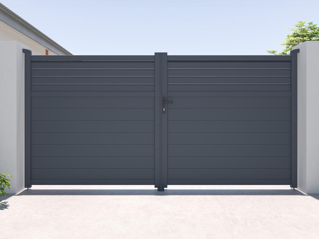 Puerta batiente eléctrica de aluminio con lamas L355 x H181 cm antracita - VIAZO