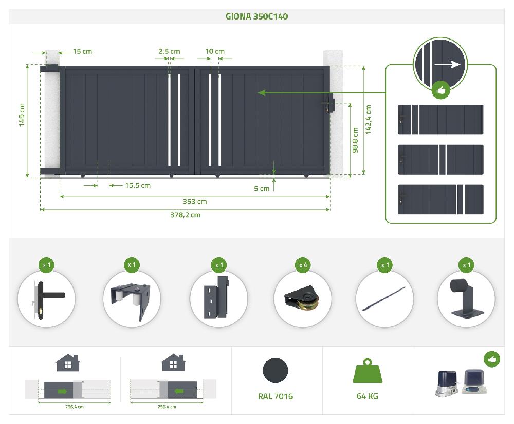 Puerta Corredera 3 5x1 4m GIONA + 2 Postes EIFEL Al.166cm Gris
