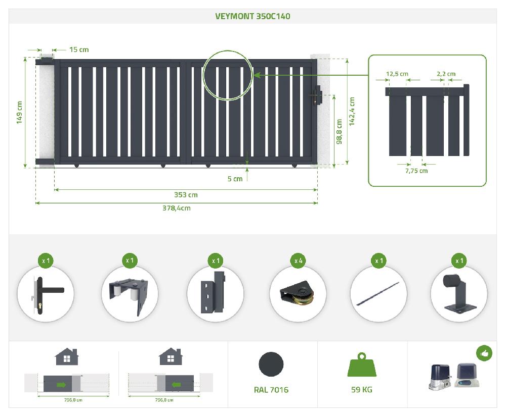 Puerta Corredera 3 5x1 4m VEYMONT + 2 Postes EIFEL Al.166cm Gris