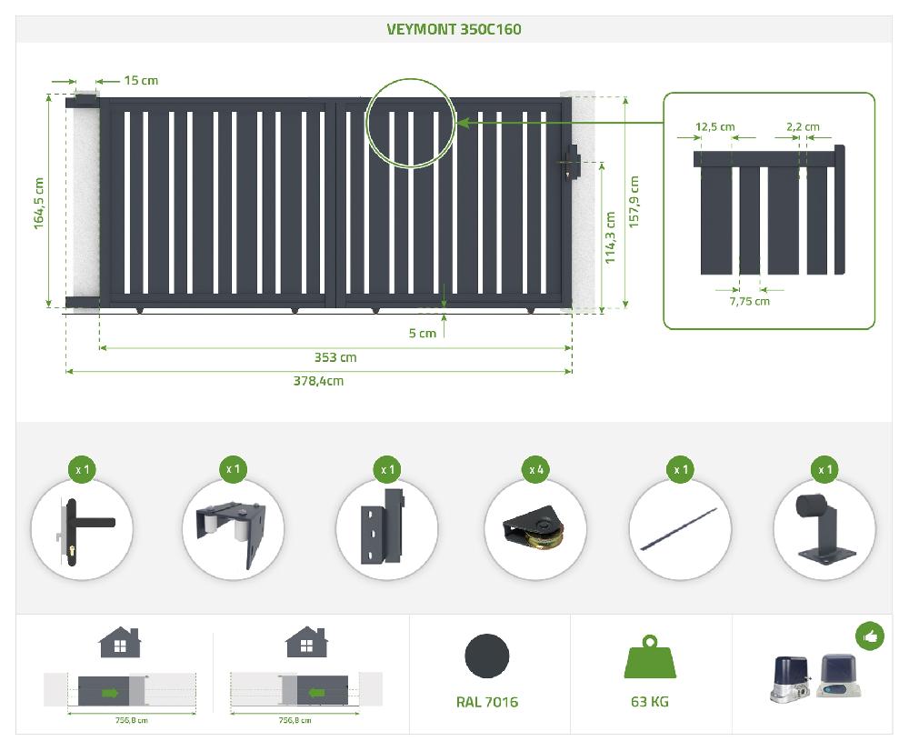 Puerta Corredera 3 5x1 6m VEYMONT + Puerta 1m VEYMONT H.1 6m Gris