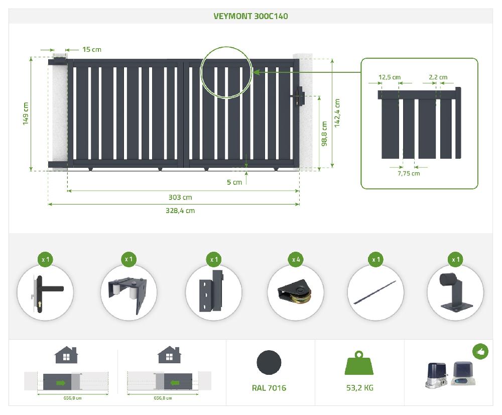 Puerta Corredera 3x1 4m VEYMONT + 2 Postes EIFEL Al.166cm Gris
