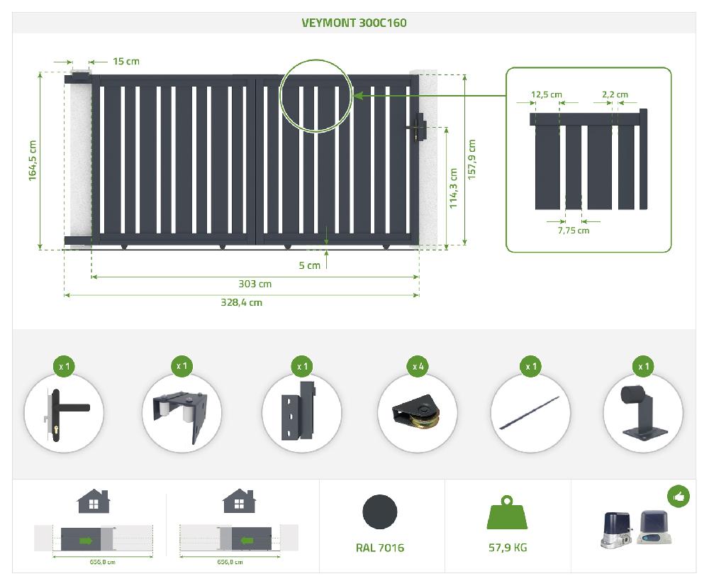 Puerta Corredera 3x1 6m VEYMONT + 2 Postes EIFEL Al.190cm Gris
