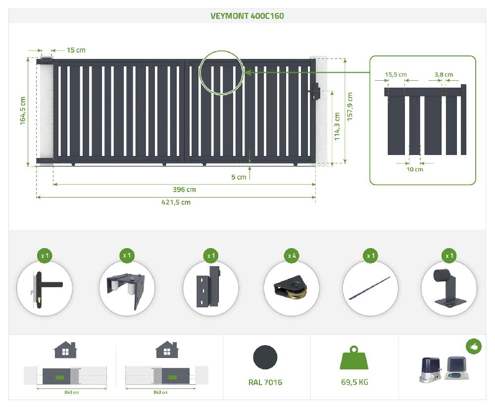 Puerta Corredera 4x1 6m VEYMONT + Puerta 1m VEYMONT H.1 6m Gris