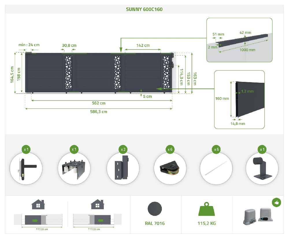 Puerta Corredera 6m SUNNY H.160cm Aluminio + Cancela SUNNY H160 GRIS