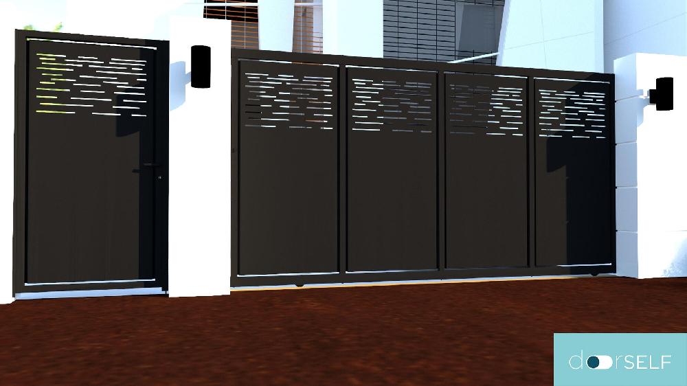 Puerta Corredera DOORSELF 350x200cm + Peatonal Galaxy Gris Forja