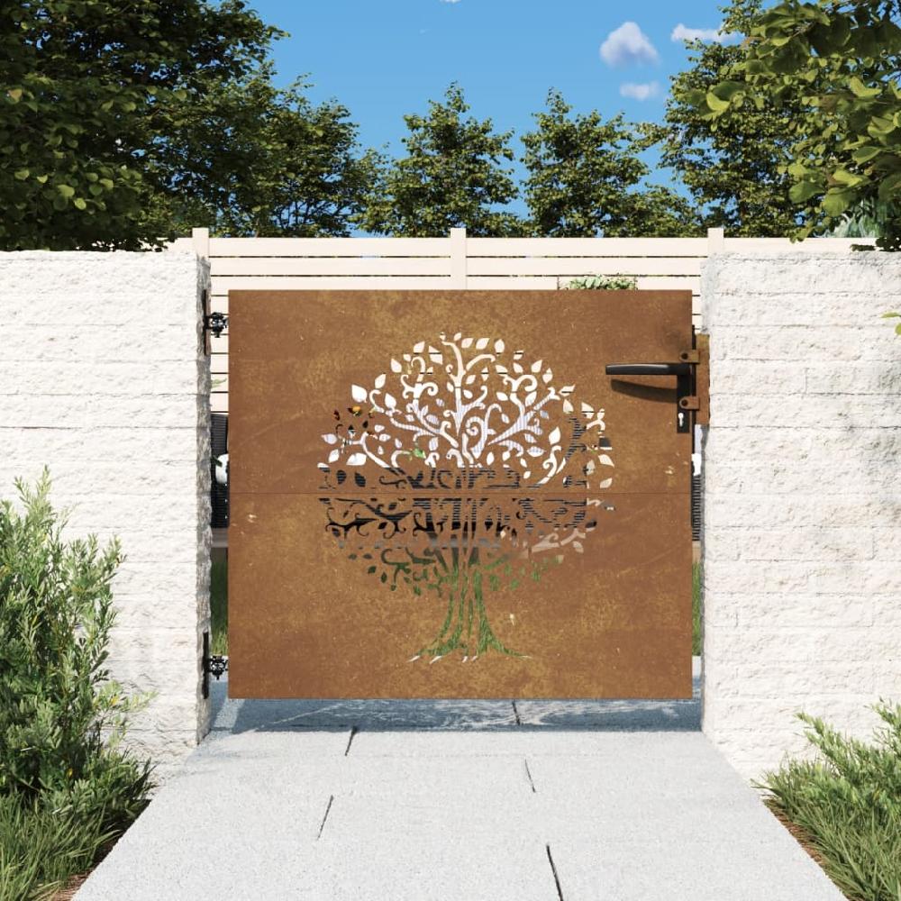Puerta De Jardín | Puerta De Valla | Cancela De Valla Acero Corten Diseño árbol 85x75 Cm CFW34281