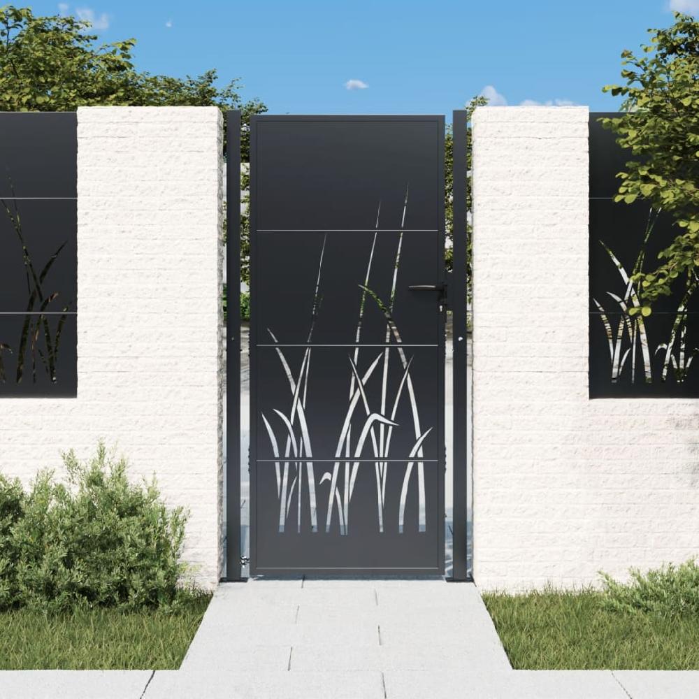 Puerta De Jardín | Puerta De Valla | Cancela De Valla Acero Gris Antracita Diseño Hierba 105x180 Cm CFW58748