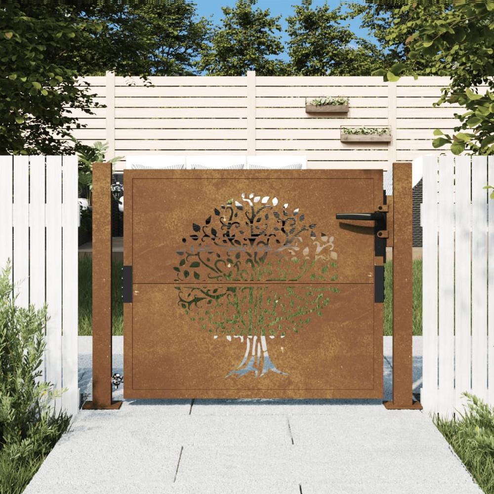 Puerta De Jardín | Puerta De Valla | Cancela De Valla Acero Corten Diseño árbol 105x80 Cm CFW36519