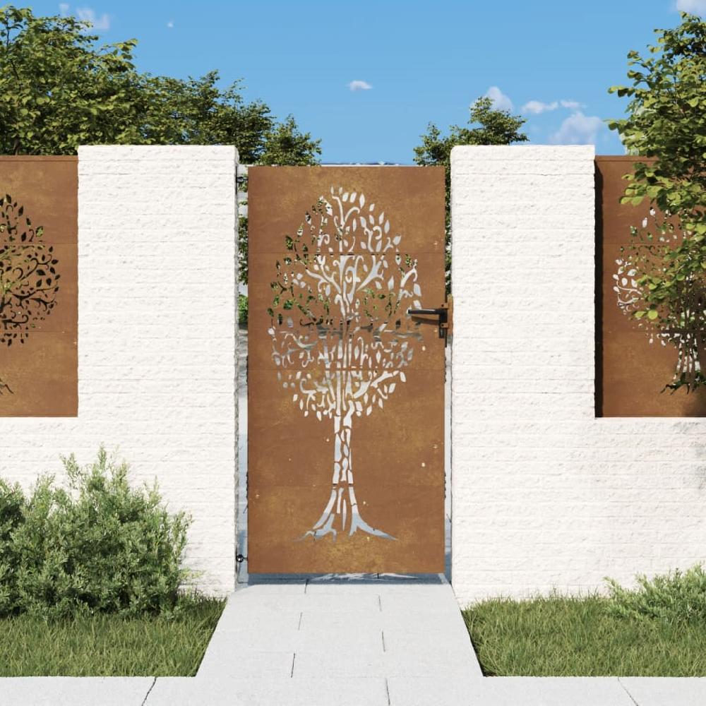 Puerta De Jardín | Puerta Para Valla Acero Corten Diseño árbol 85x200 Cm CFW91314