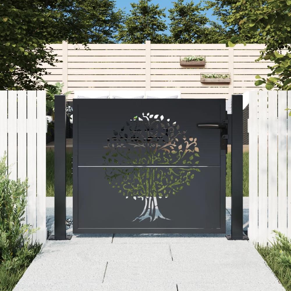 Puerta de jardín | Puerta para valla acero gris antracita diseño árbol 105x105 cm CFW80822