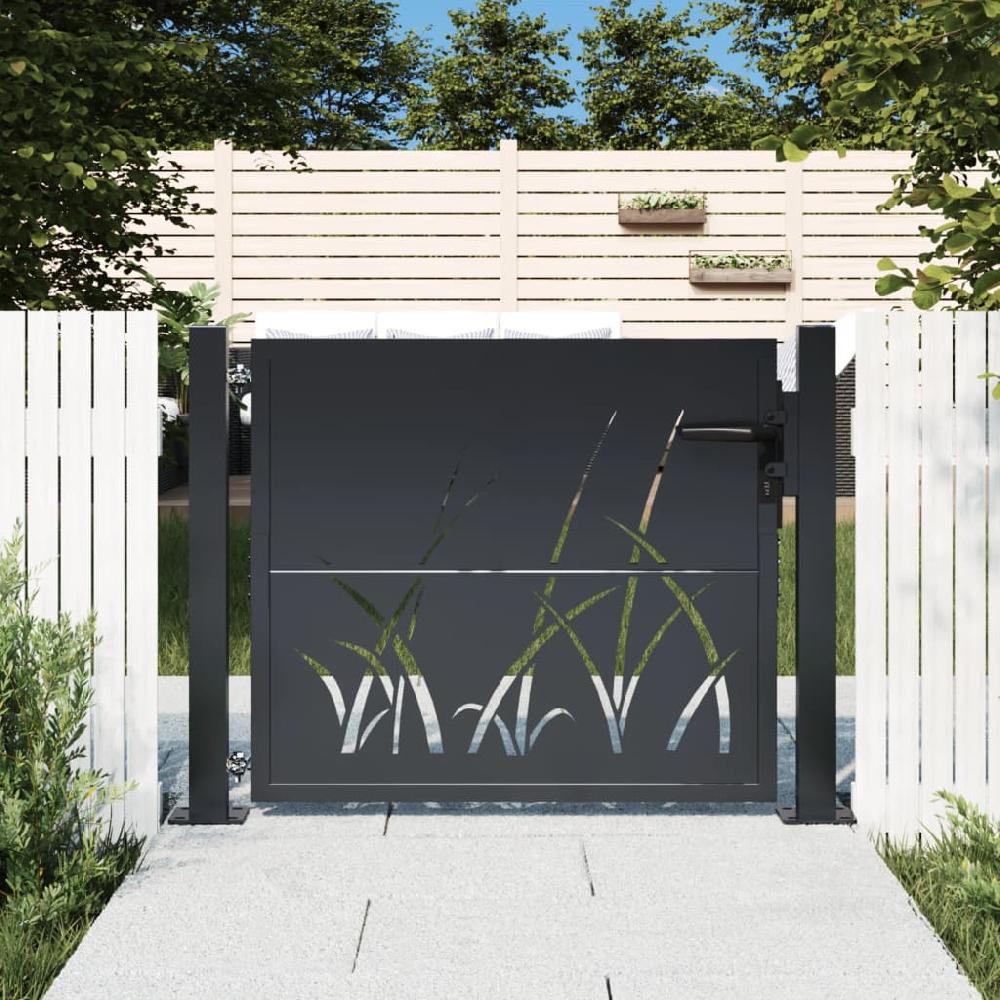 Puerta De Jardín | Puerta Para Valla Acero Gris Antracita Diseño Hierba 105x80 Cm CFW41675